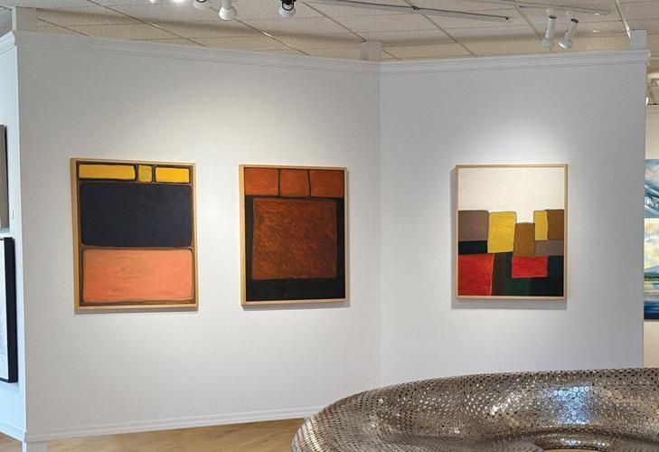 Drie abstracte schilderijen verlicht in een lichte galerieruimte